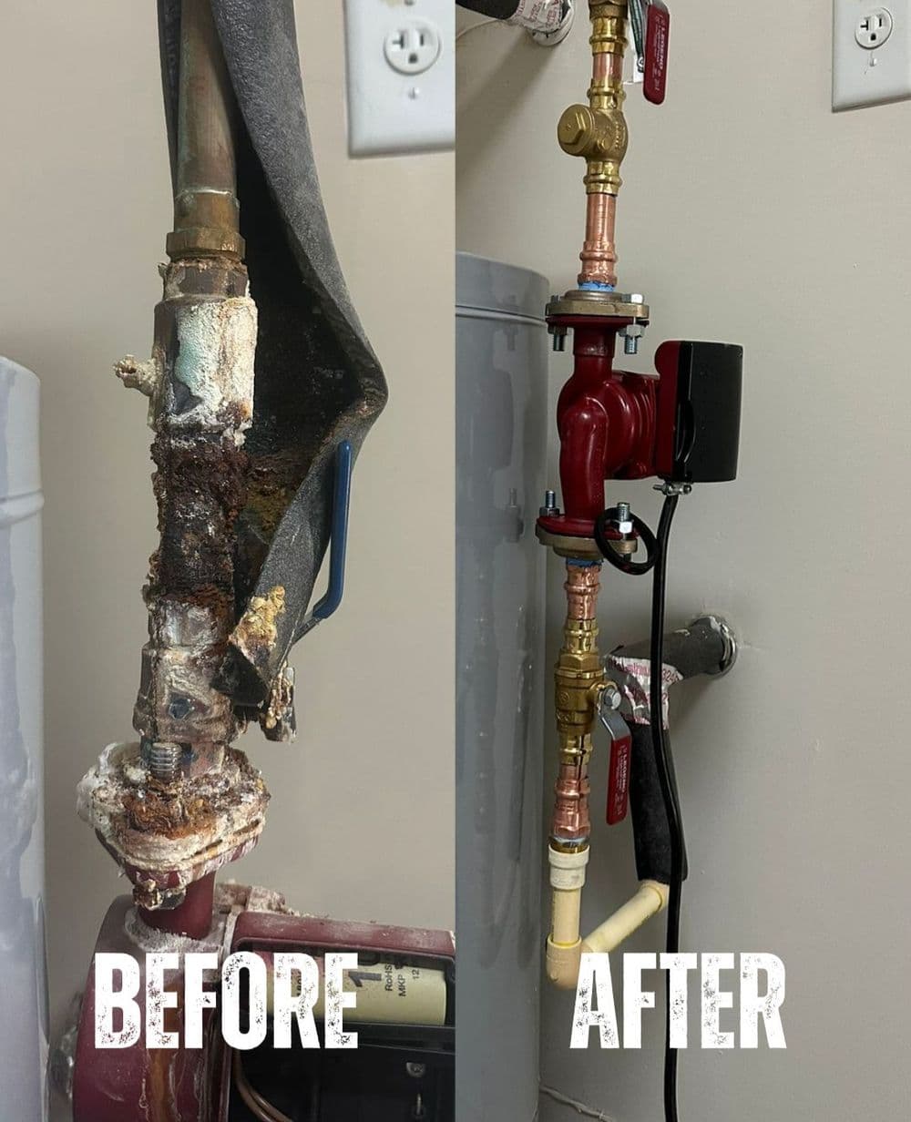 Before and after images showing plumbing repair, highlighting rust removal and new valve installation.