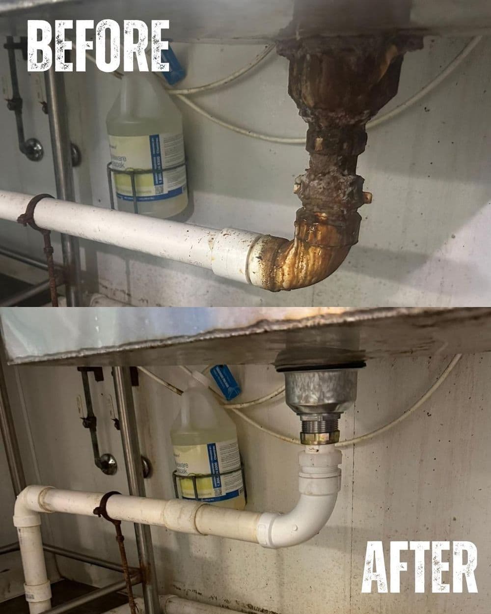 Before and after images of a plumbing repair highlighting corrosion and new PVC pipes.