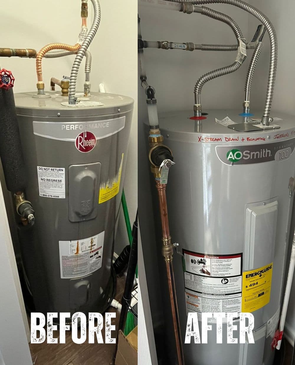 Water heater replacement: before and after upgrade from Rheem to AO Smith model. Efficient and modern.