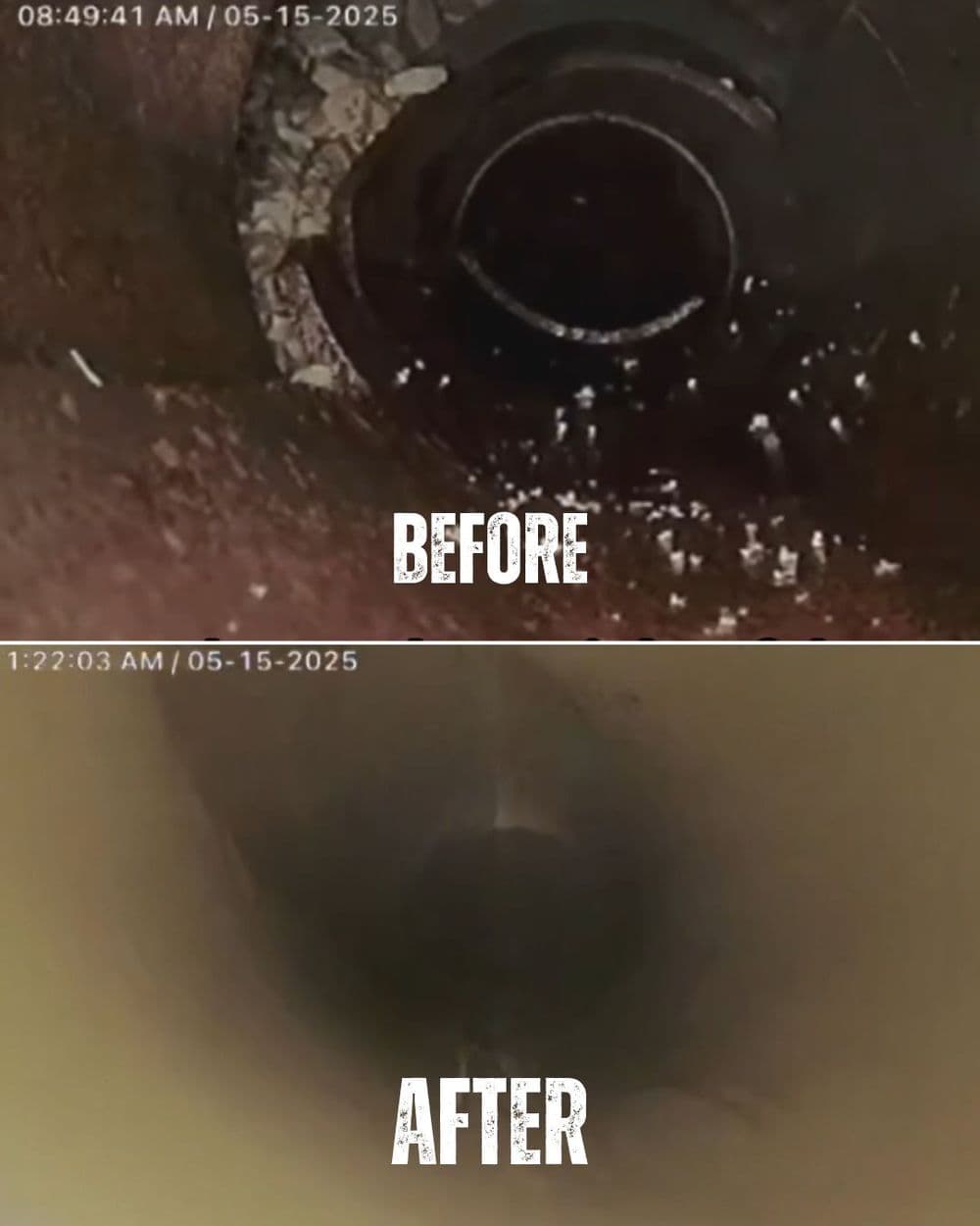 Before and after sewer pipe cleaning, showing debris removal and improved visibility.