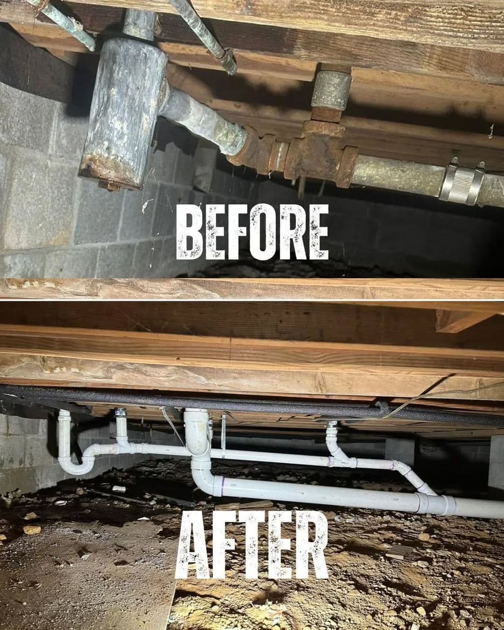 Before and after plumbing repair under a house showcasing pipe upgrades and improvements.