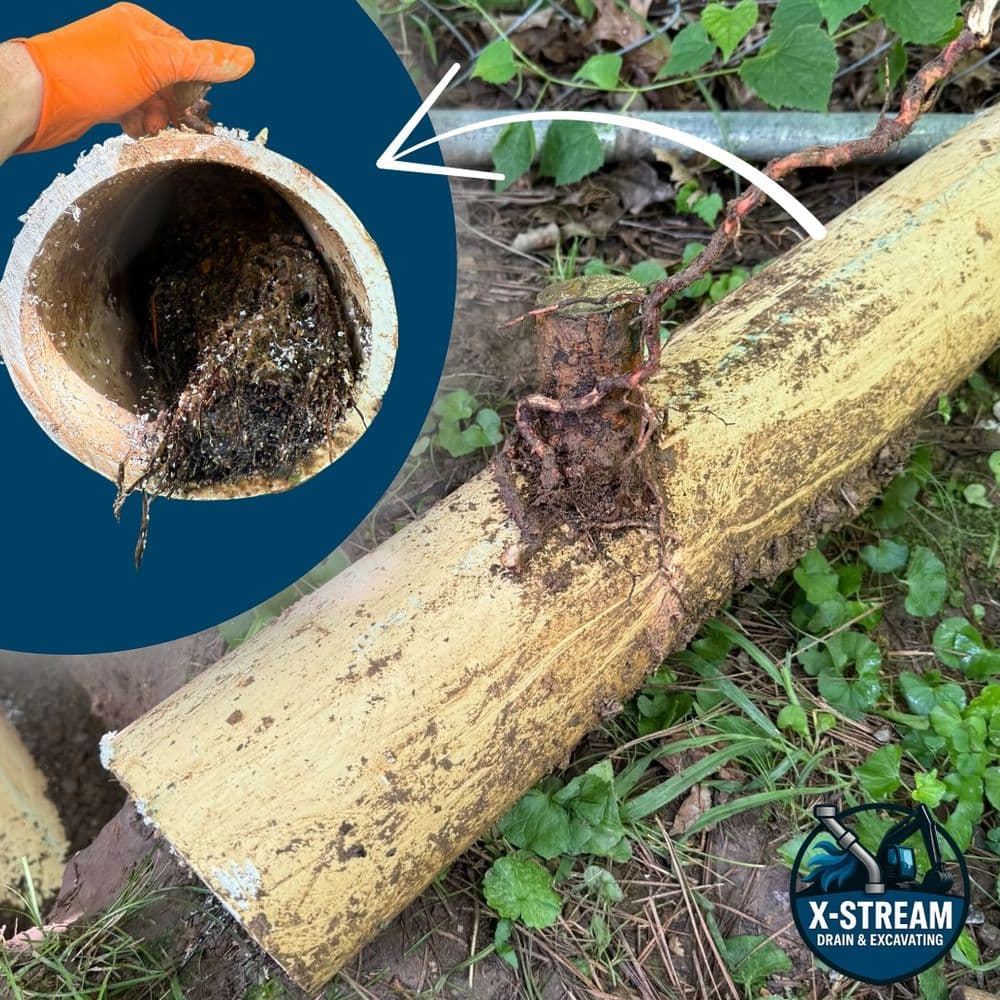 Clogged drain pipe with roots and debris, showcasing plumbing maintenance and excavation services.