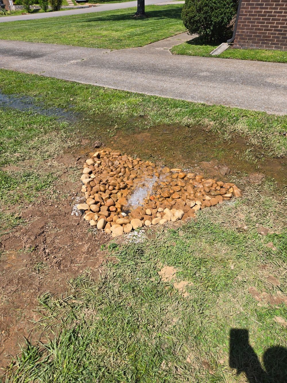 Dry area with irregularly shaped river rocks forming a natural drainage feature in a yard.
